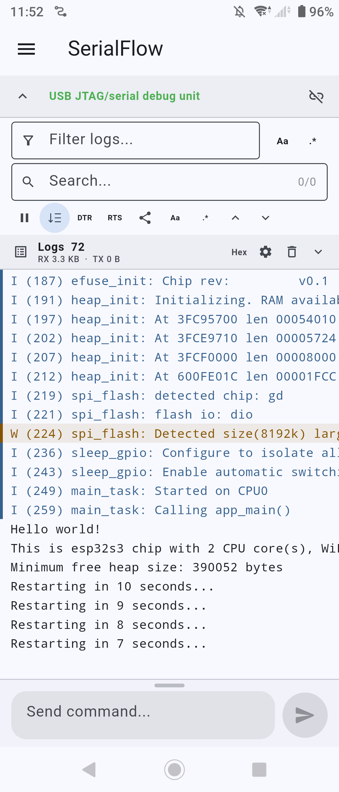 SerialFlow Android USB OTG serial connection to an ESP32-S3 development board