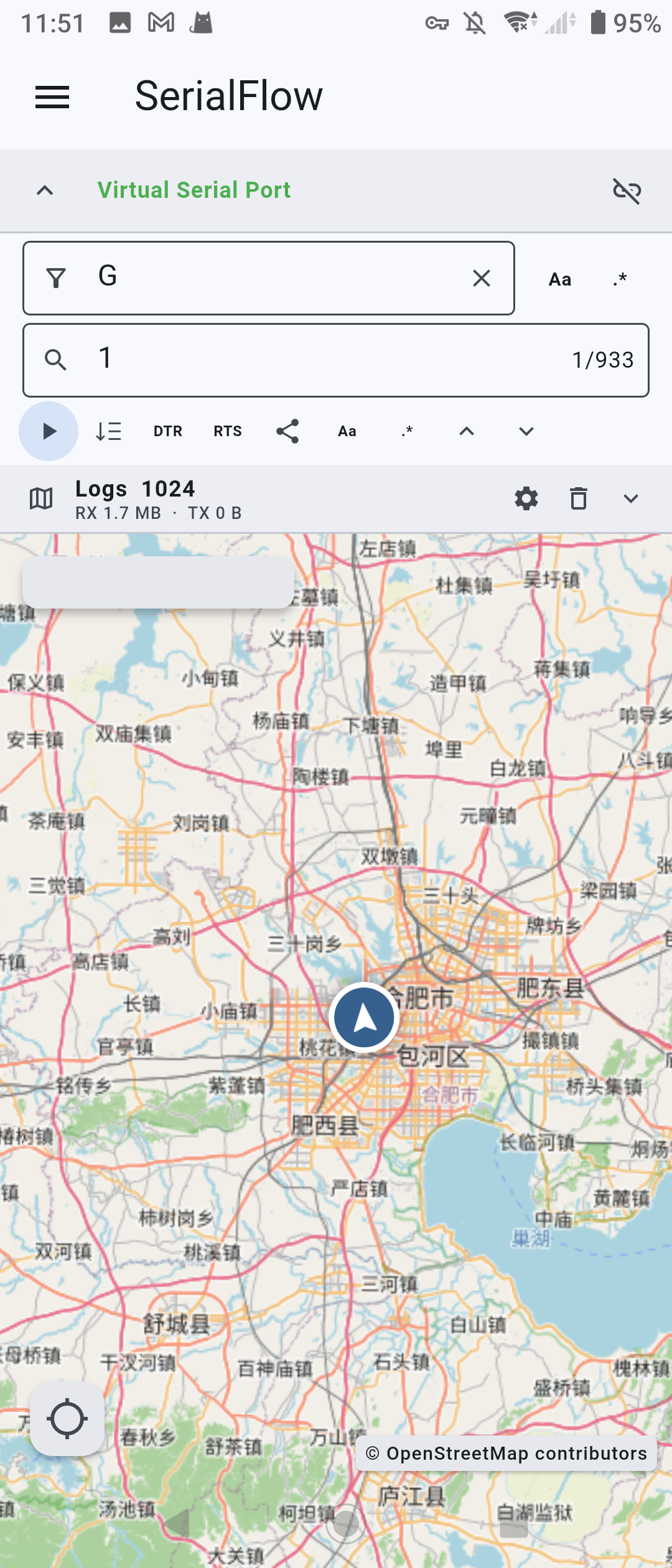 SerialFlow GNSS map view for NMEA position data from a serial device