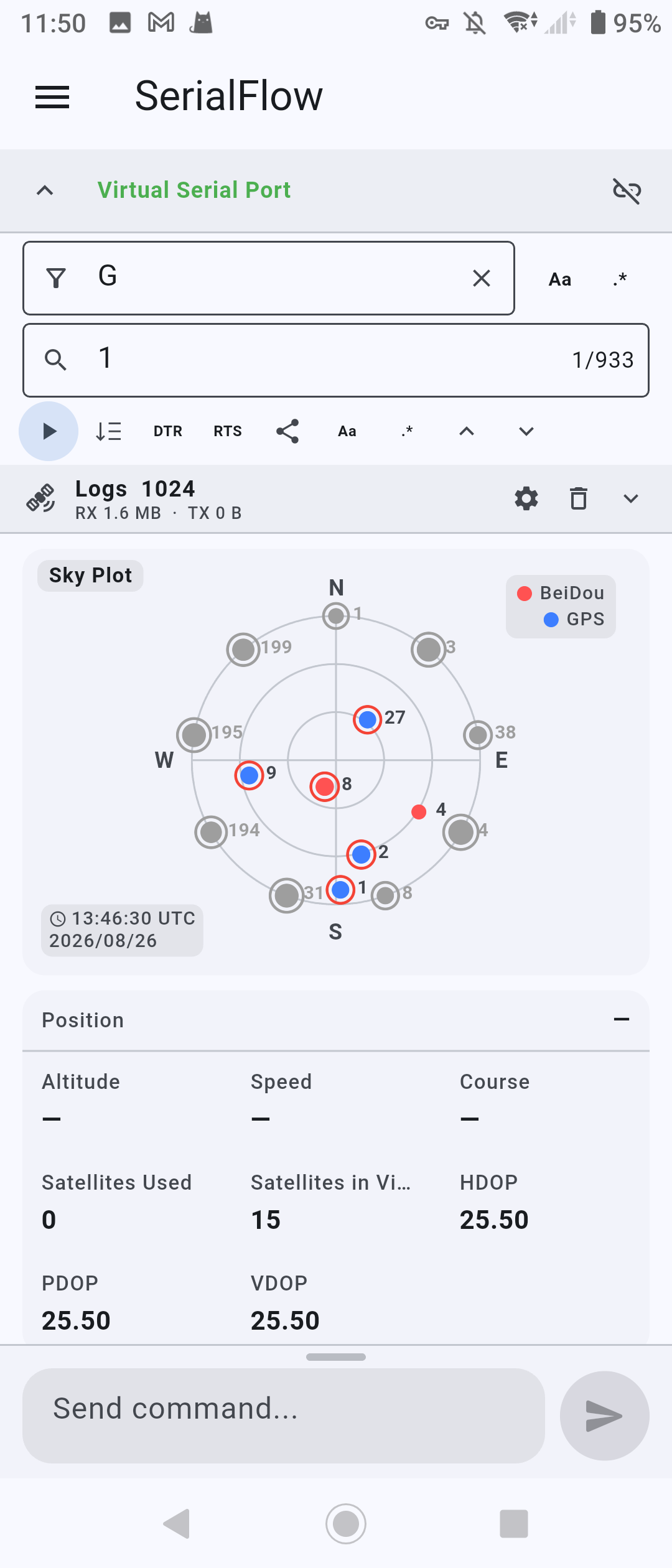 SerialFlow GNSS satellite view showing Android serial NMEA diagnostics