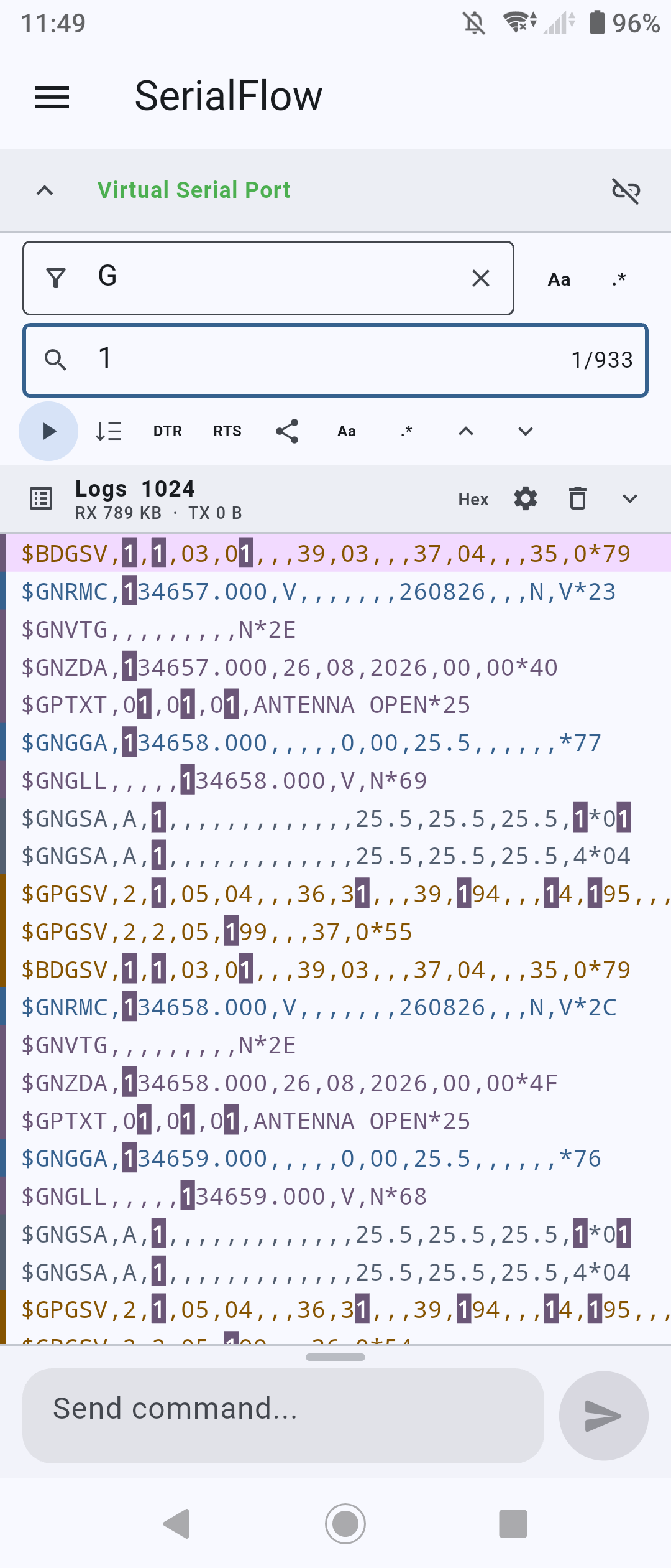 SerialFlow Android serial monitor search and regex log filtering interface